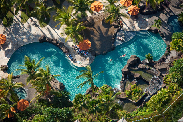 Overhead view of Hoolei pool with 19 foot waterfall at entrance