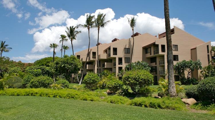 10 Kamaole Sands building clusters with mature palm trees
