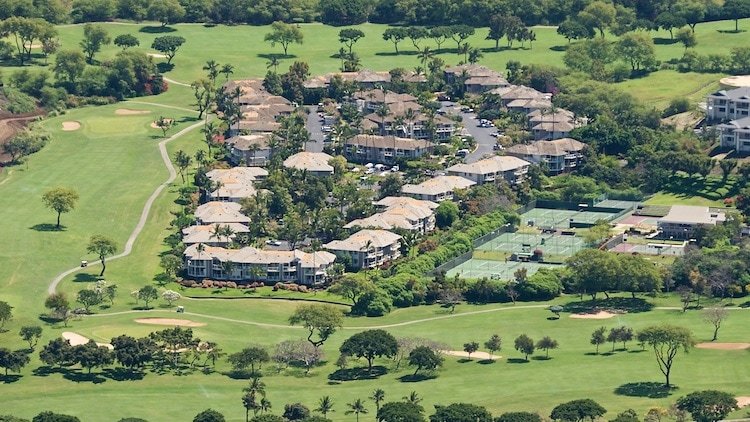 Aerial of Grand Champions Villas in Wailea showing the surrounding fairways