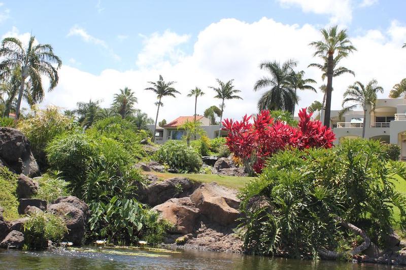 Tropical landscaping are throughout the grounds of Palms at Wailea