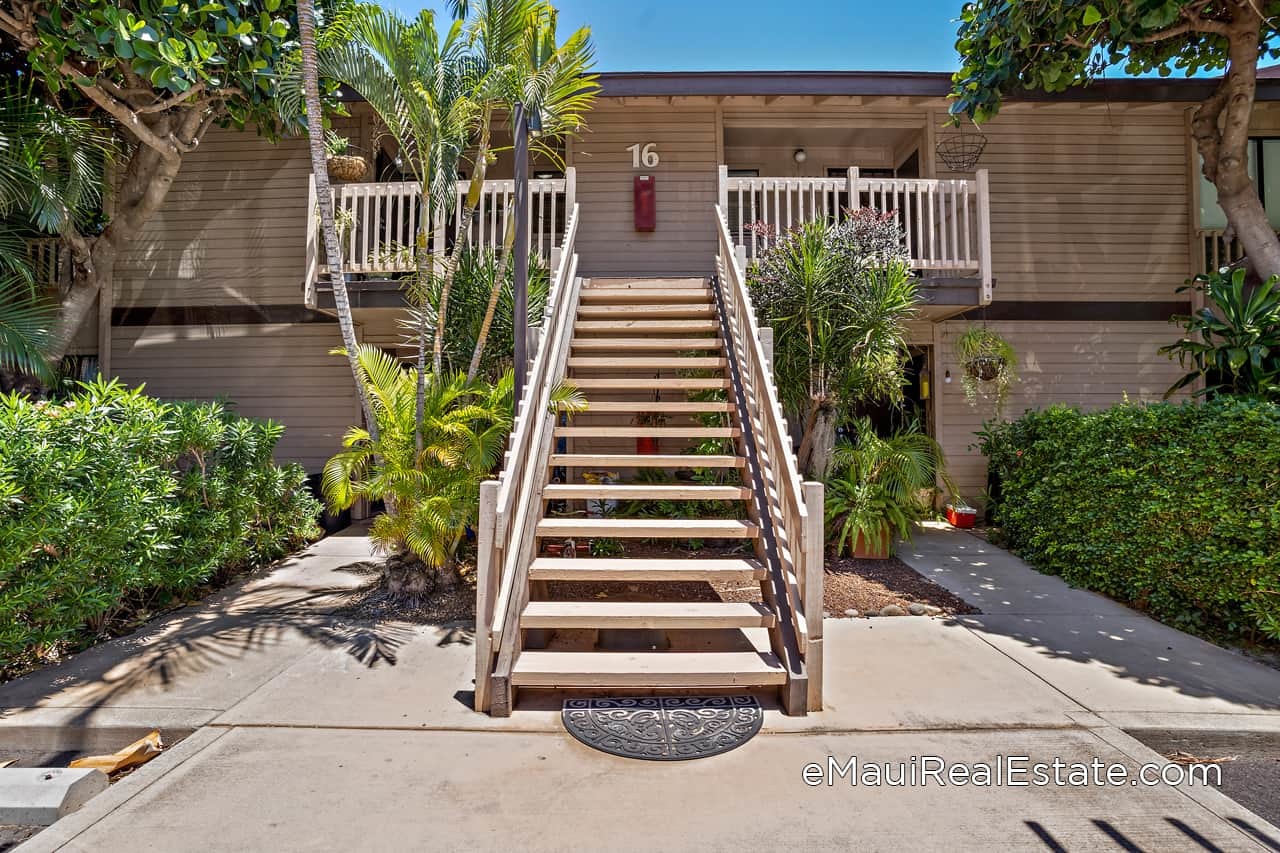Example of the exterior stairway leading to second floor units at Haleakala Gardens