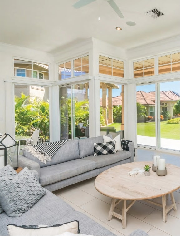 An open living room overlooking the ocean