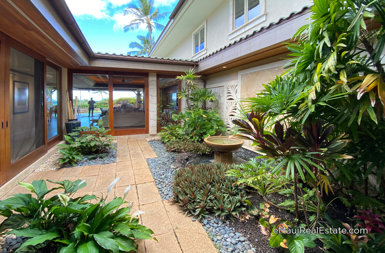 Tranquil inner courtyard found in one of the unique Maluhia at Wailea homes.